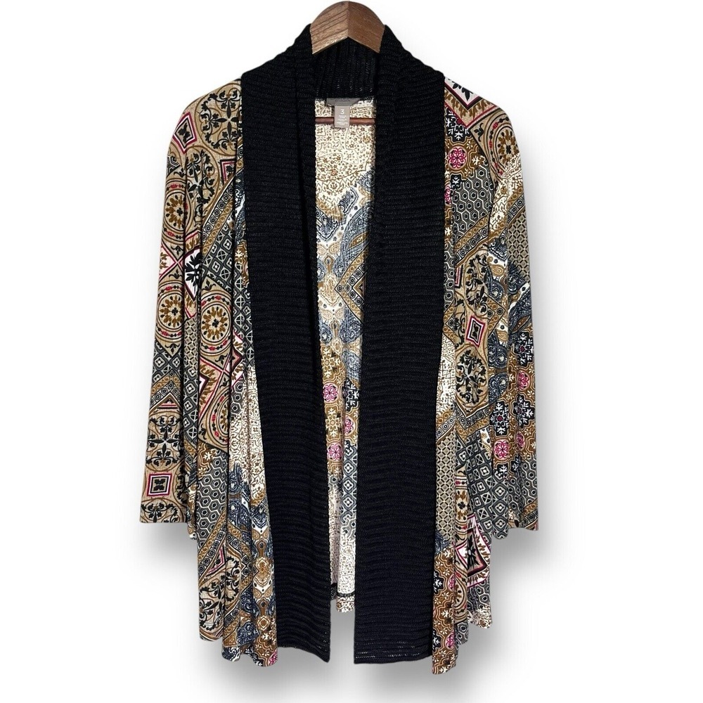 Chico's Cardigan XL Boho Patchwork Gypsy Open Front Long Line Easywear Stretch